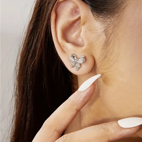 Silver Zircon Bow Stud Earrings - Picture 3 of 3